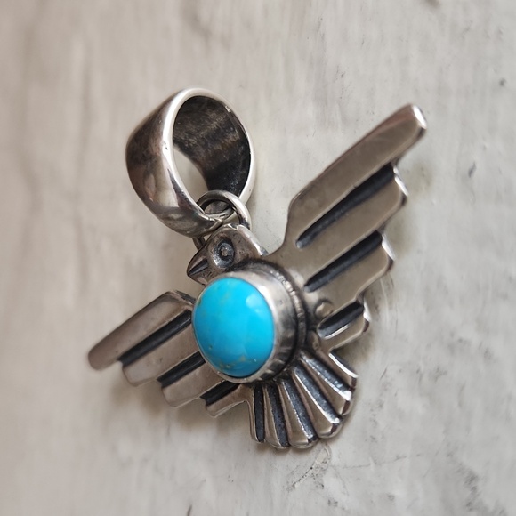 NWOT Native American Navajo Turquoise & Sterling Thunderbird Pendant π©΅π - Picture 5 of 11